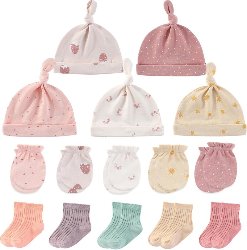 MAMIMAKA Newborn Baby Boy Girl Caps Mittens Socks Set Cotton Baby Essentials Accessories (Hats+Gloves+Socks) - Image 1